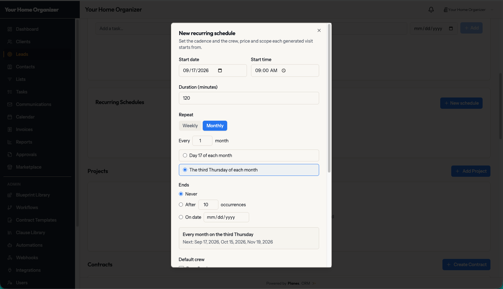 Creating a recurring monthly service schedule from a completed job