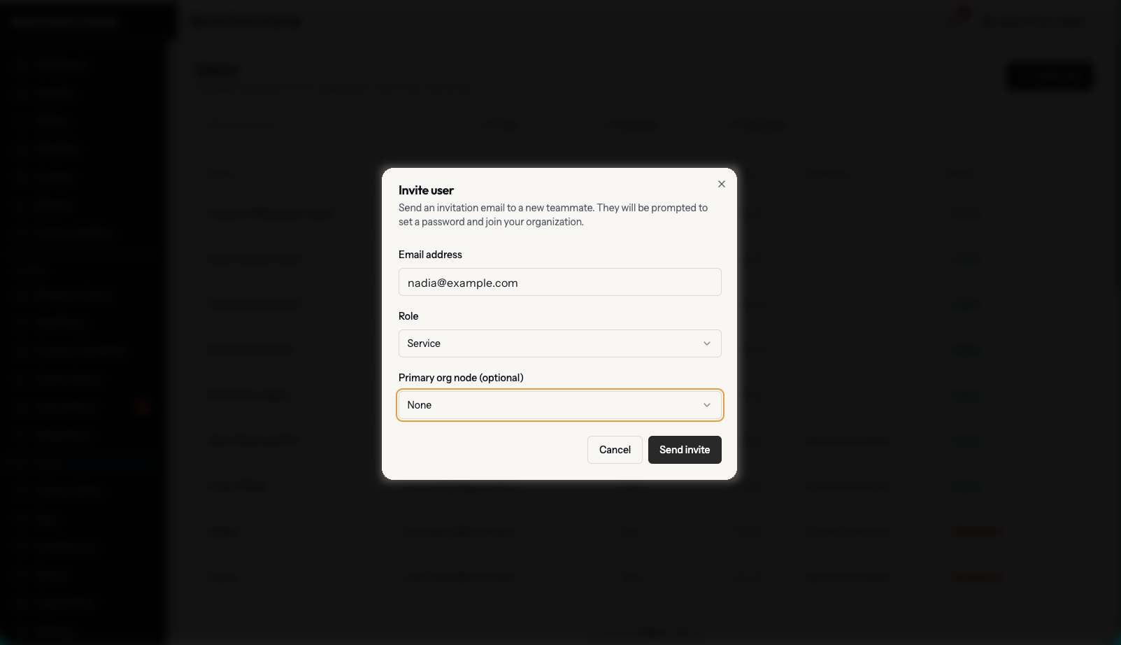 Inviting organizers as free users from the team admin screen