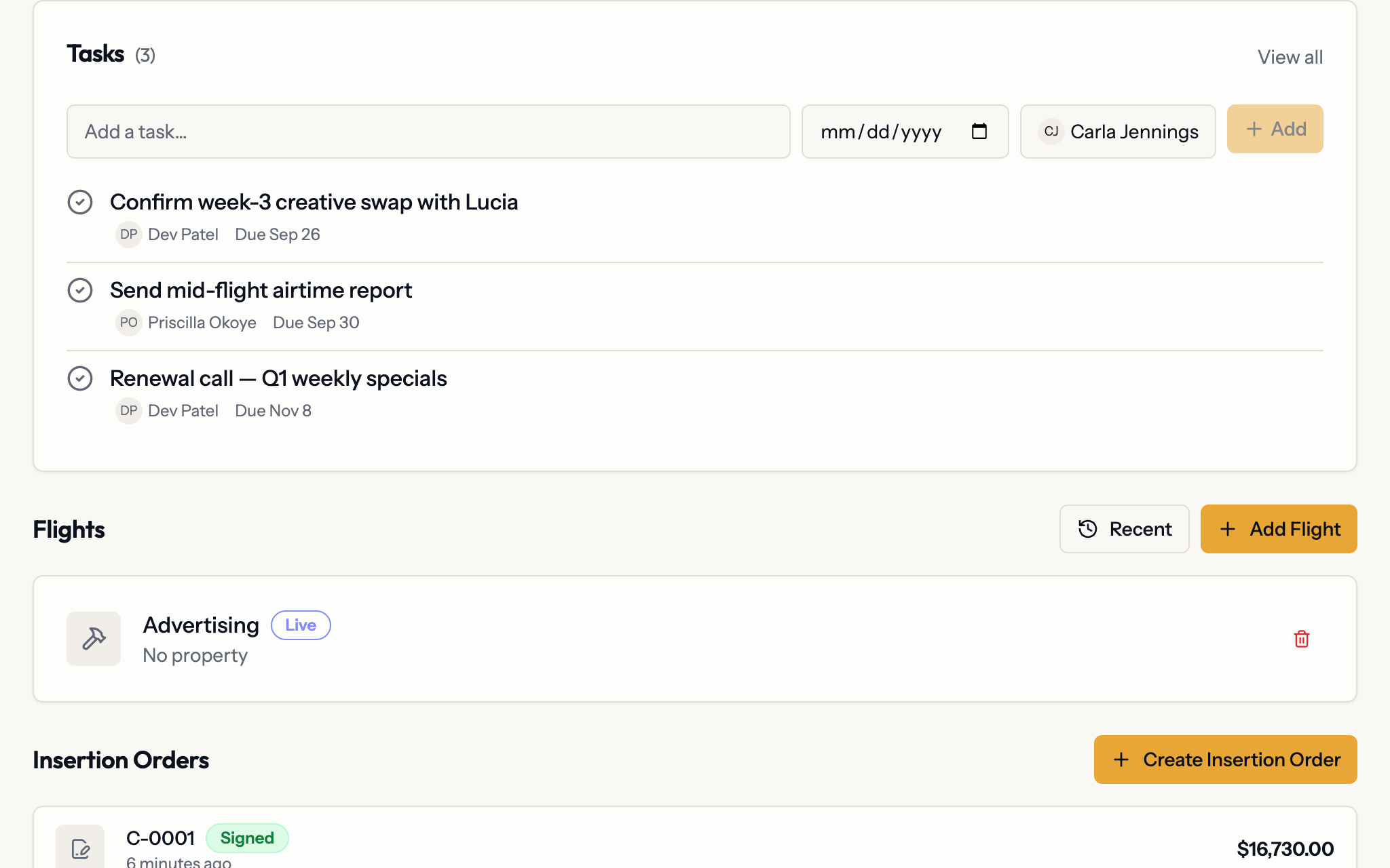 A won campaign in Planes: follow-up tasks including the renewal call, its live flight and the signed insertion order