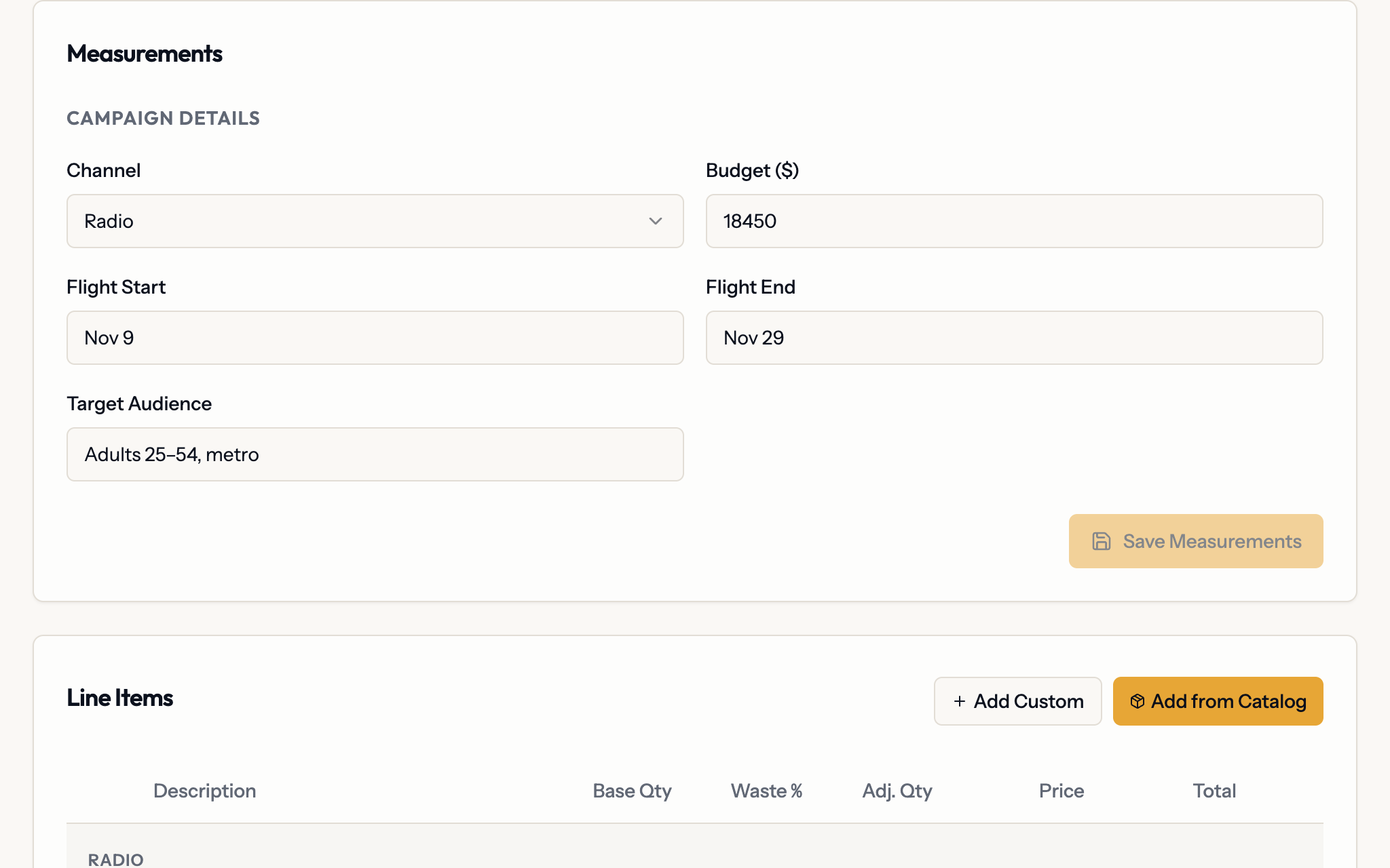 A proposal in Planes with the campaign’s channel, budget, flight dates and target audience