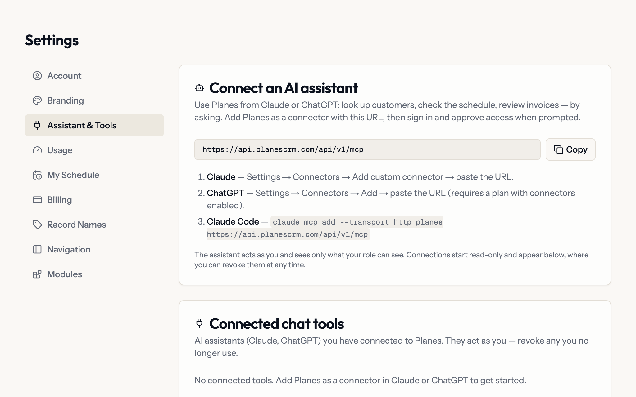 Planes settings page for connecting Claude or ChatGPT to the account, with the connector URL and setup steps