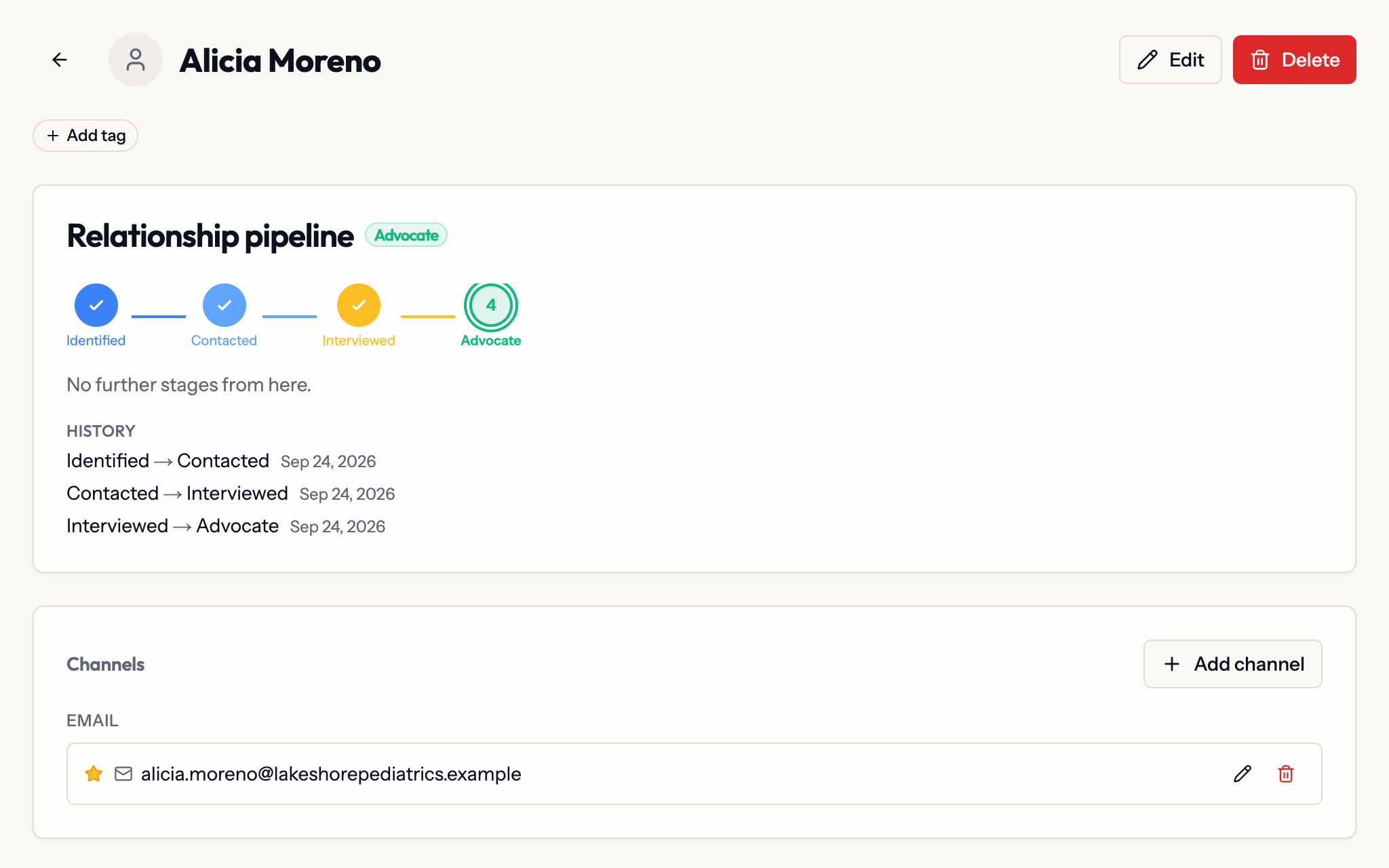 A customer interviewee's record in Planes at the Advocate stage of her discovery pipeline, with its history