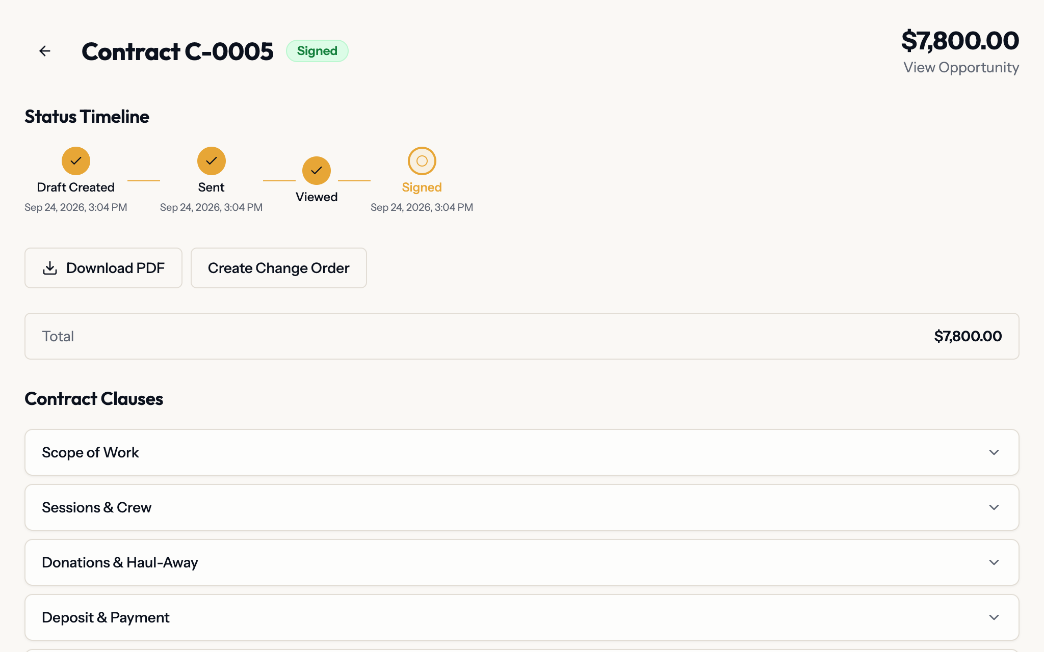 A signed organizing project agreement in Planes with its status timeline and contract clauses