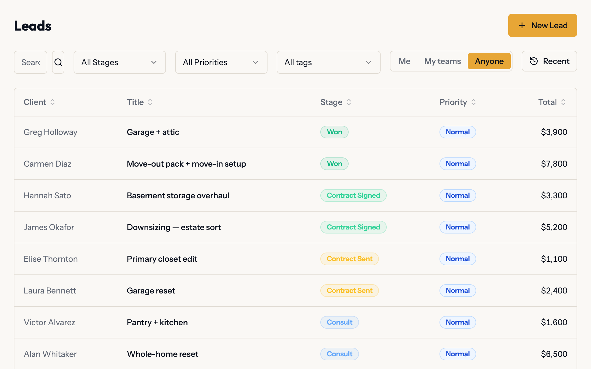 Leads list in Planes showing organizing projects across the Consult, Contract Sent, Contract Signed and Won stages, each with its value