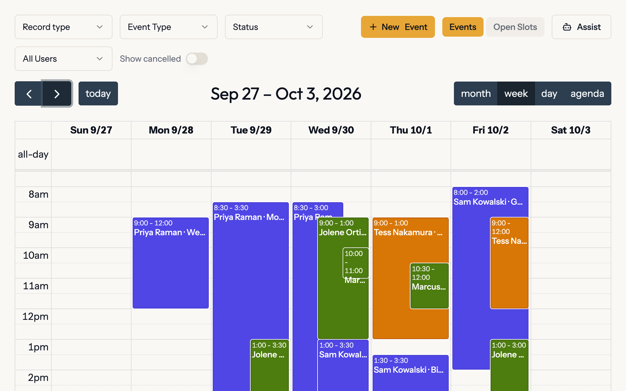 Week calendar in Planes with recurring visits and project sessions assigned to individual organizers
