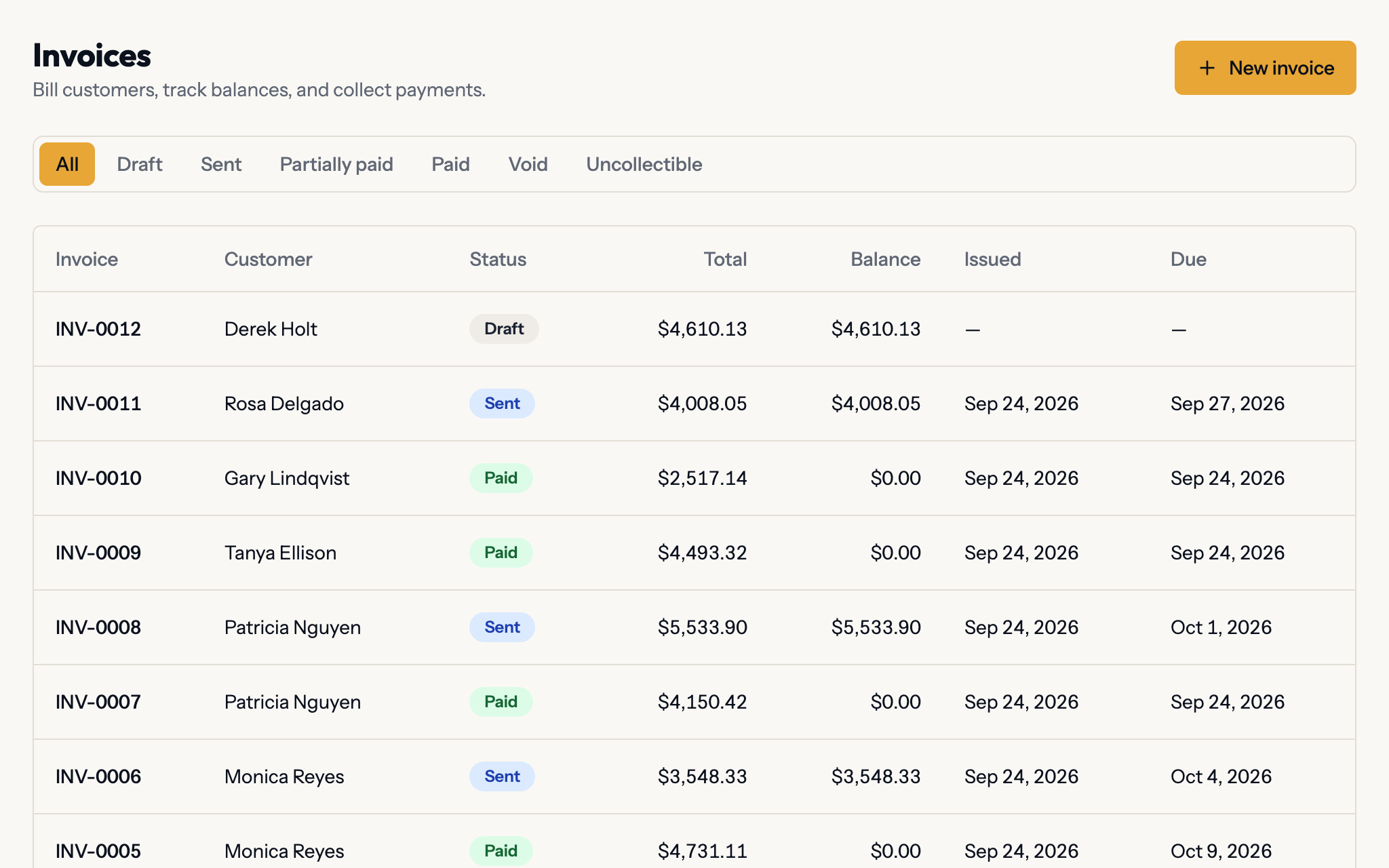 Invoices list in Planes with deposit, progress and final invoices per roofing job, in draft, sent and paid states