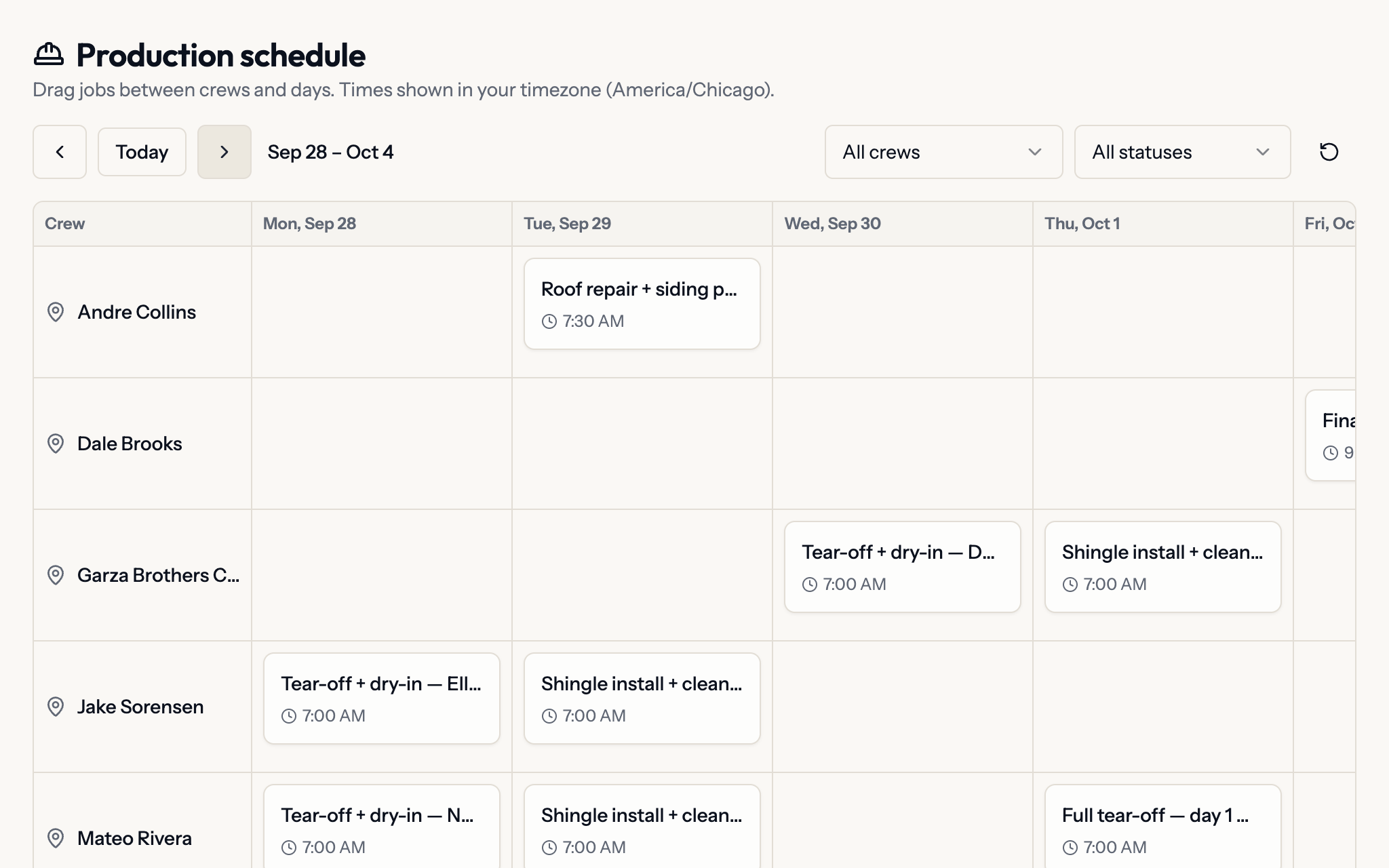 The Planes Production board: build days laid out by crew lane across the week, including a subcontractor crew