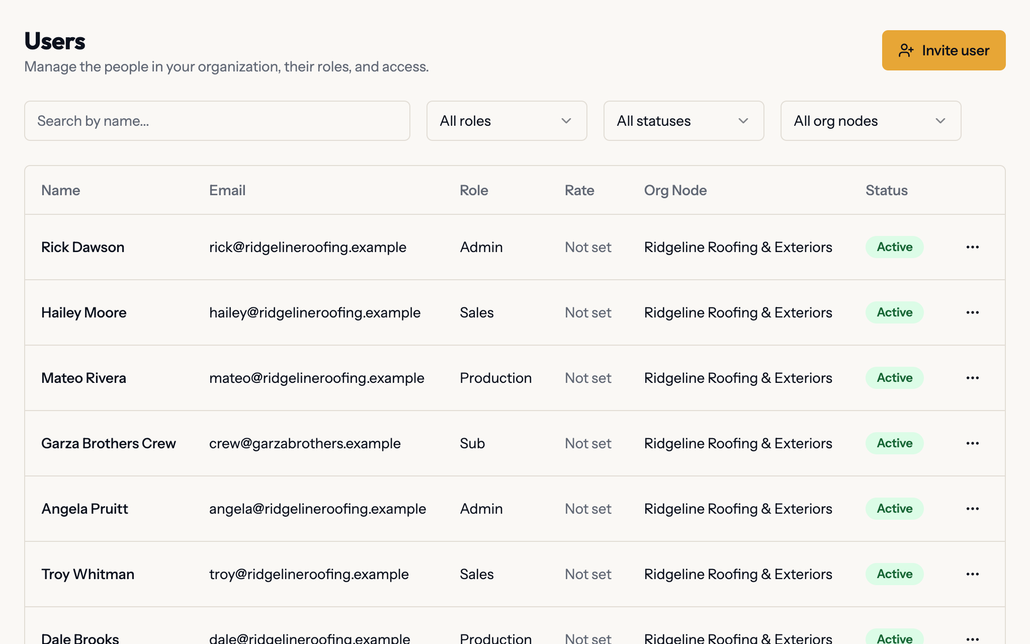 The Planes Users page listing a roofing company’s admins, sales reps, production crew and a subcontractor crew