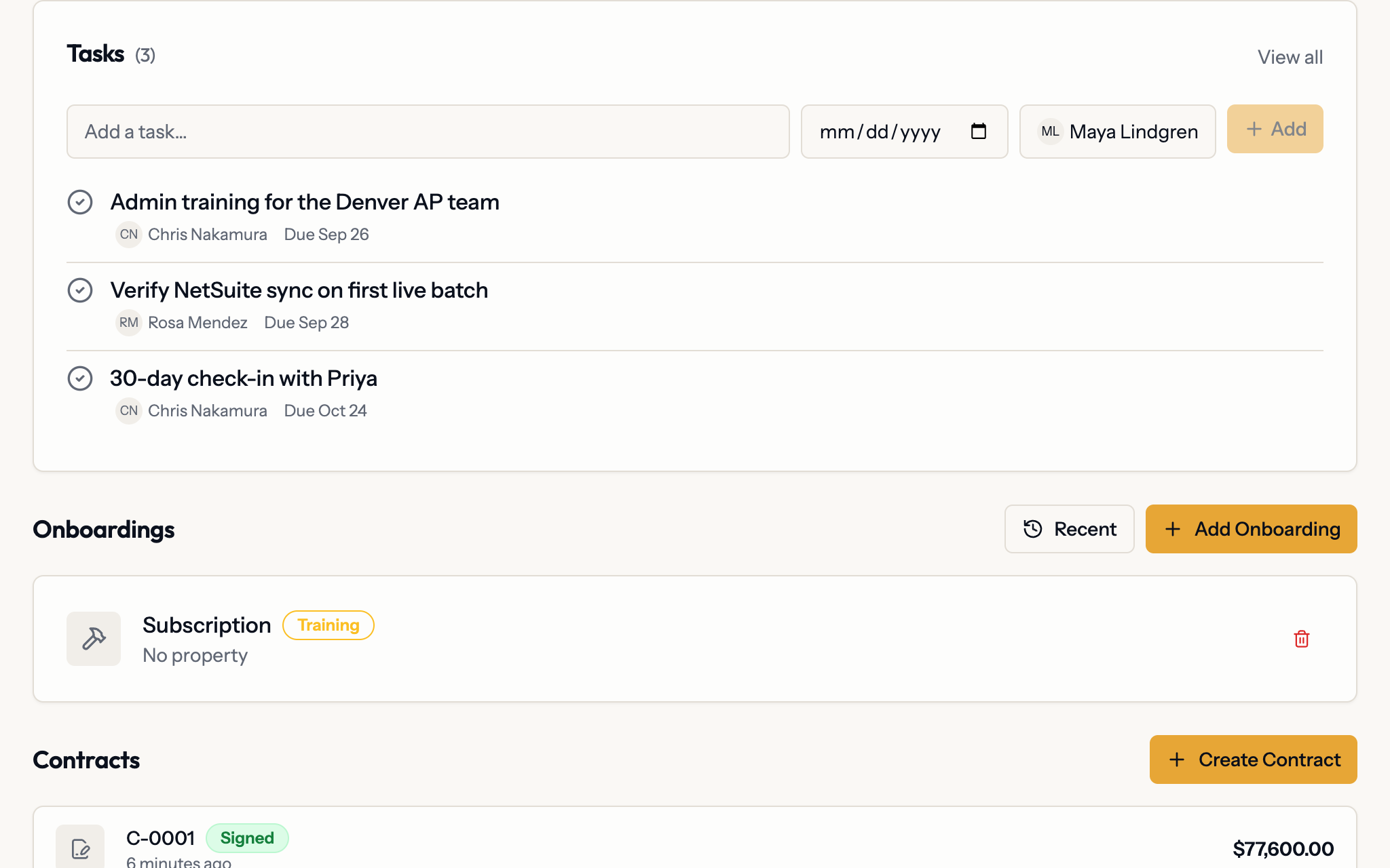 A won deal in Planes: onboarding follow-up tasks, the onboarding in Training and the signed contract